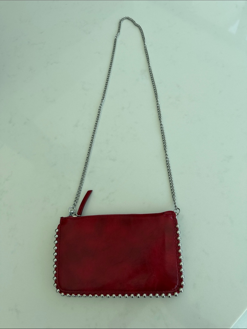 Zara Red Leather Crossbody with Silver Chain and Bead Trim